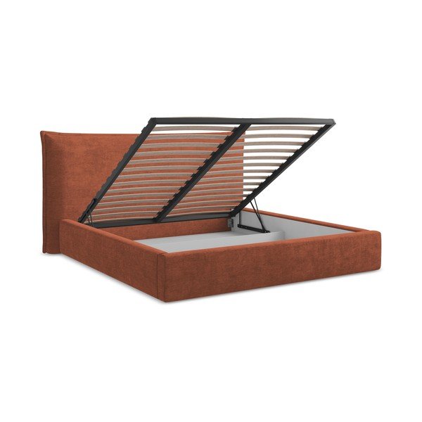 Terakotas oranža polsterēta divvietīga gulta ar veļas kasti un redelēm 160x200 cm Esala – Makamii-image-3