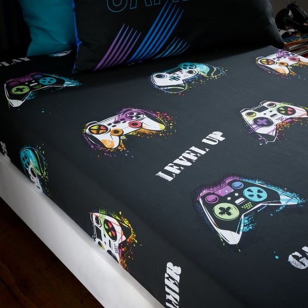 Melns divguļamais bērnu palags ar gumiju 135x190 cm Game Over – Catherine Lansfield-image-1