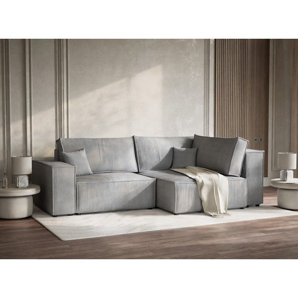 Pelēks velveta salokāms stūra dīvāns ar uzglabāšanas vietu (ar labo stūri/L veida) Tonga – Maison de Rêve-image-4