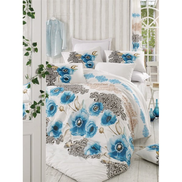 Balta/zila vienvietīga kokvilnas gultas veļa 140x200 cm Merve – Mijolnir