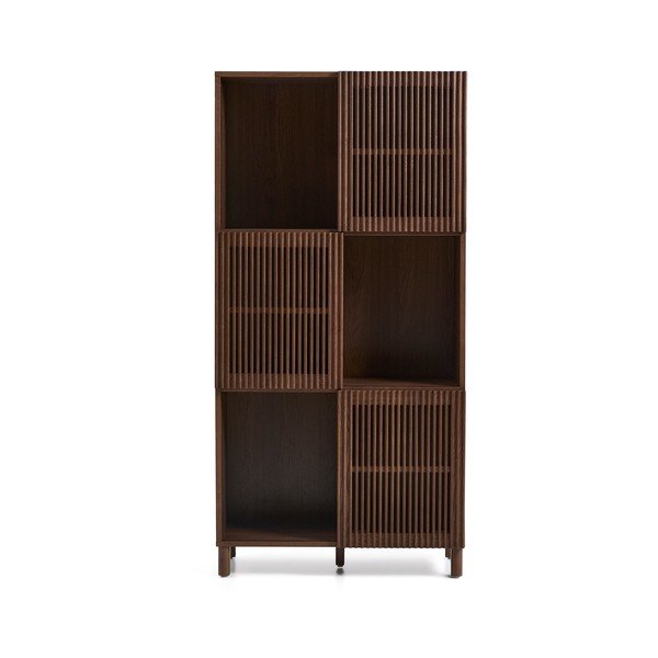 Tumši brūns grāmatplaukts ar riekstkoka imitāciju un bīdāmām durvīm 84,5x170x42,5 cm Beyla – Kave Home-image-3