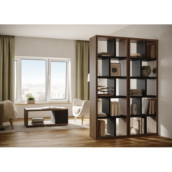 Melns/brūns grāmatplaukts ar riekstkoka imitāciju 70x198 cm Berlin – TemaHome-image-1