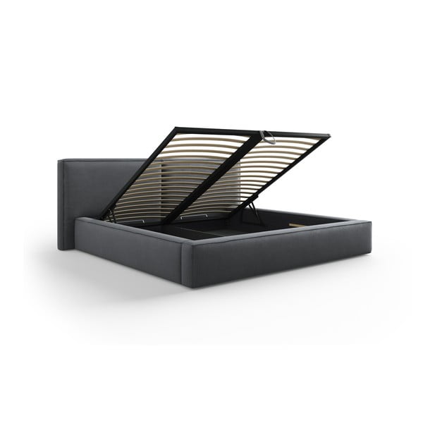 Tumši pelēka polsterēta divvietīga gulta ar veļas kasti un režģi 180x200 cm Arendal – Cosmopolitan Design-image-3