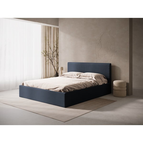 Tumši zila polsterēta divvietīga gulta ar veļas kasti/bez galvgaļa ar redelēm 140x200 cm Susan – Micadoni -image-1