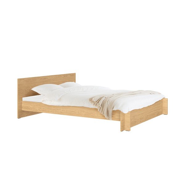 Dabīga toņa divvietīga gulta no skaidu plāksnēm/no finiera ar ozolkoka imitāciju ar redelēm 200x200 cm Valt – noo.ma