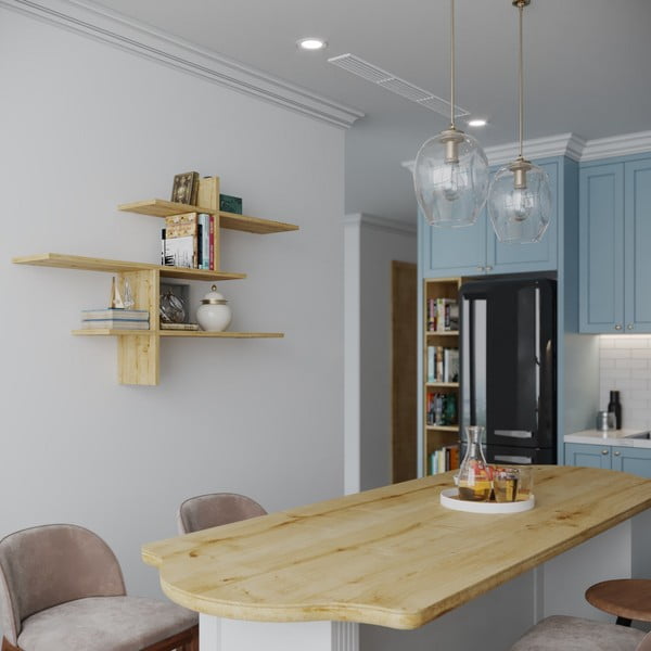 Dabīga toņa daudzlīmeņu sienas plaukts ar ozolkoka imitāciju 123 cm Leo – Kalune Design-image-1