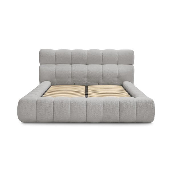 Gaiši pelēka polsterēta divvietīga gulta ar veļas kasti un redelēm 180x200 cm Mont Blanc – Bobochic Paris-image-2