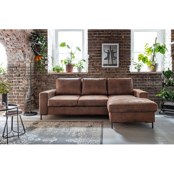 Brūns izlaižams stūra dīvāns no ādas imitācijas Miuform Lofty Lilly Vintage, labais stūris-image-1