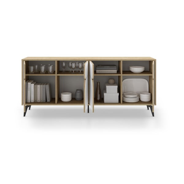 Balta/dabīga toņa zema kumode ar ozolkoka imitāciju 185x79 cm Nola – Marckeric-image-3