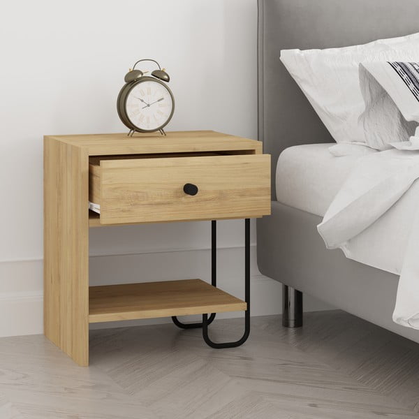 Dabīga toņa naktsskapītis ar ozolkoka imitāciju ar plauktiem Saturne – Marckeric-image-3