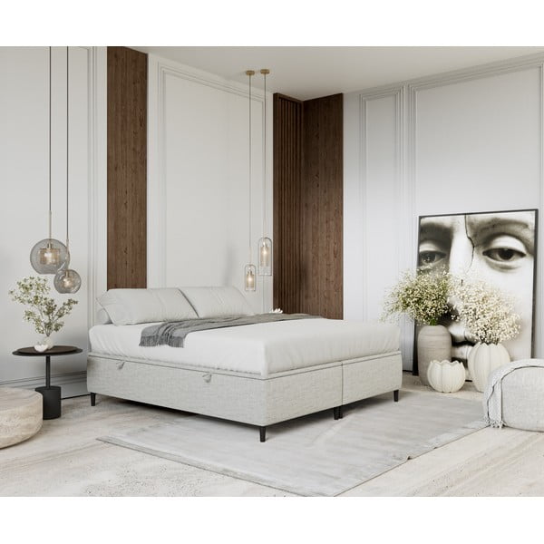 Gaiši pelēka polsterēta divvietīga gulta ar veļas kasti 180x200 cm Tate – Maison de Rêve-image-1