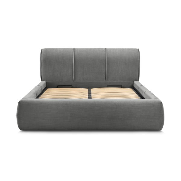 Pelēka polsterēta divvietīga gulta ar veļas kasti un režģi 160x200 cm Vernon – Bobochic Paris-image-3