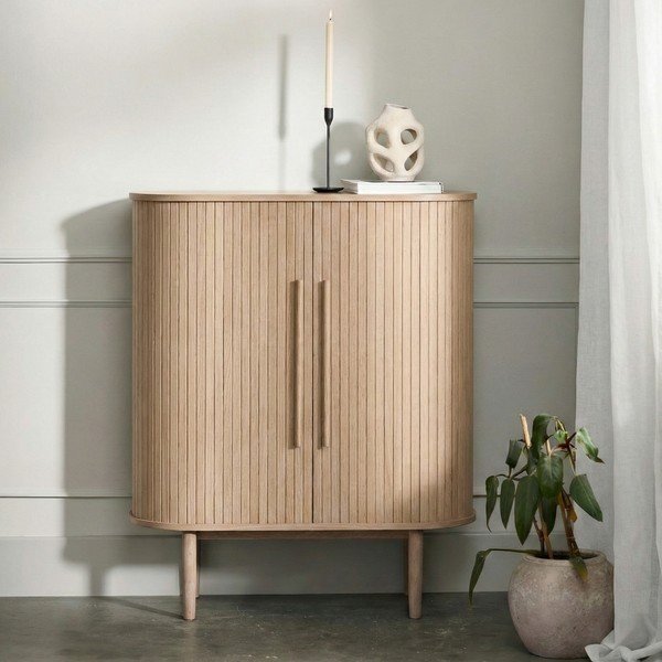 Gaiša dabīga toņa skapītis ar ozolkoka imitāciju ar bīdāmām durvīm 100x118x40 cm Meta – Unique Furniture-image-1