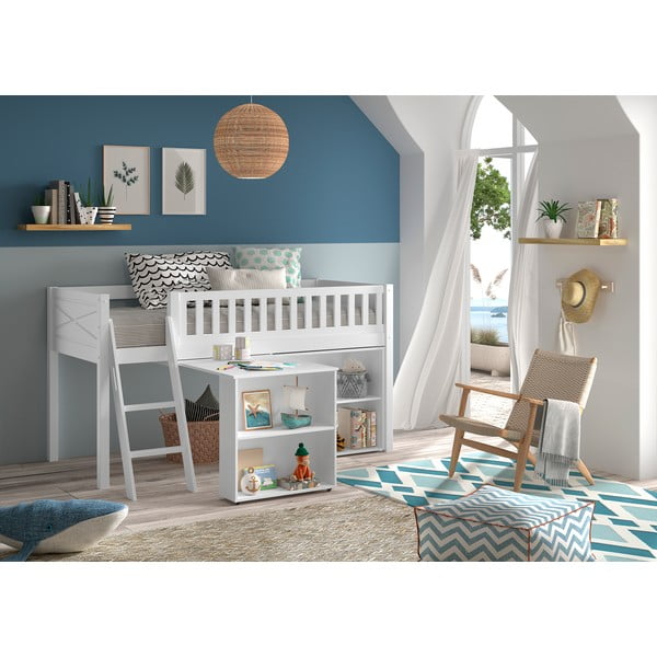 Balta priedes masīvkoka paaugstināta bērnu gulta ar veļas kasti 90x200 cm SCOTT – Vipack-image-1
