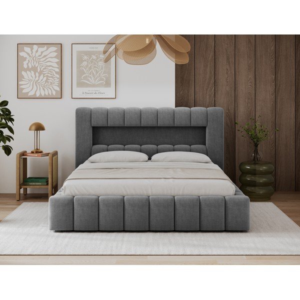 Pelēka polsterēta divvietīga gulta ar veļas kasti un ar redelēm 160x200 cm Lamica – ELTAP-image-1