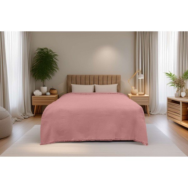 Rozā kokvilnas gultas pārklājs 140x200 cm Waffle – Mijolnir-image-1