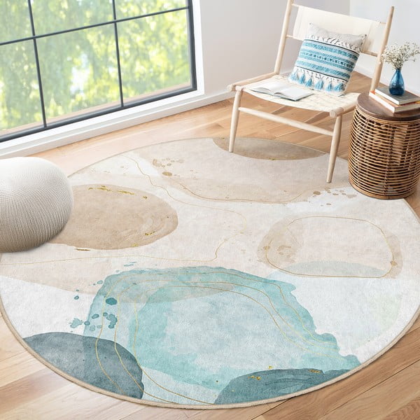 Zils/bēšs mazgājams apaļš paklājs ø 100 cm Puddle – Mila Home-image-4