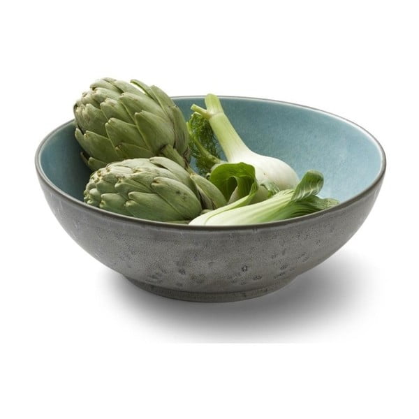 Pelēkas māla keramikas salātu bļodiņains BITZ Mensa trauks, diametrs 30 cm, ar bāli zilu iekšējo glazūru-image-3