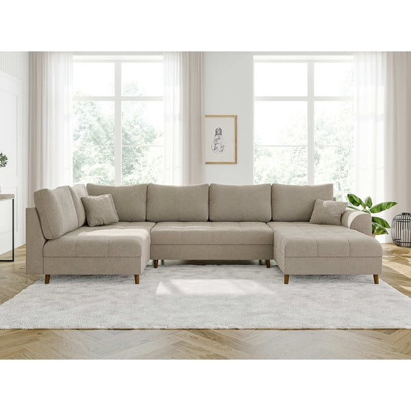 Bēšs stūra dīvāns no buklē auduma (ar labo stūri/U veida) Ariella – Ropez-image-1