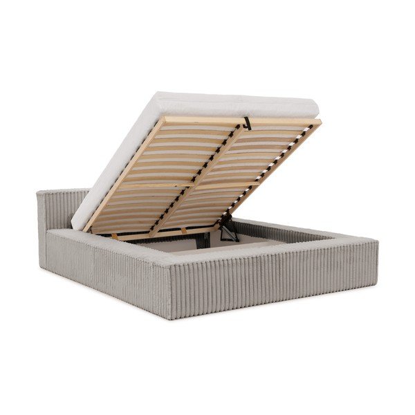 Pelēka polsterēta divvietīga gulta ar veļas kasti un redelēm 200x200 cm Cloe – Ropez-image-2