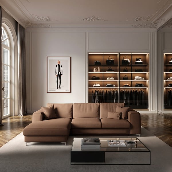 Brūns samta salokāms stūra dīvāns ar uzglabāšanas vietu (ar kreiso stūri/ar zvilni) Rene – Rodier-image-1