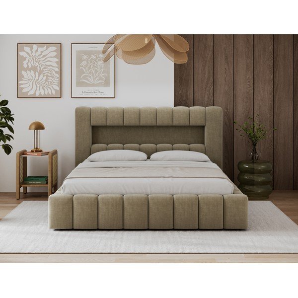 Gaiši brūna polsterēta divvietīga gulta ar veļas kasti un ar redelēm 160x200 cm Lamica – ELTAP-image-1