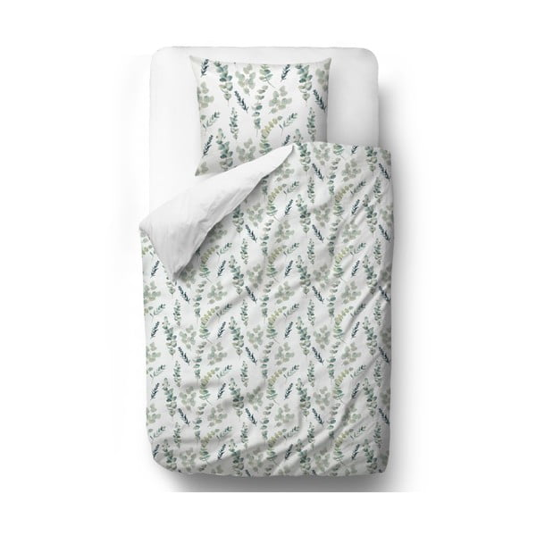 Balta un zaļa kokvilnas satīna gultasveļa Butter Kings Eikalipta zari, 200 x 200 cm