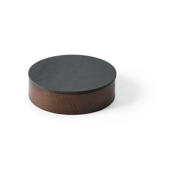 Antracīta pelēka/brūna dekoratīva koka/ekoloģiskās ādas uzglabāšanas kaste ar vāku ø 11x3,5 cm Circle Nupo – LIND DNA