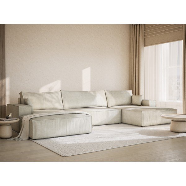 Krēmkrāsas salokāms (U veida) stūra dīvāns no šenila auduma ar uzglabāšanas vietu Kyoto – Maison de Rêve-image-1