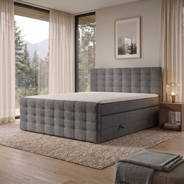 Pelēka atsperu gulta ar veļas kasti 200x200 cm Blend – Maison de Rêve-image-1