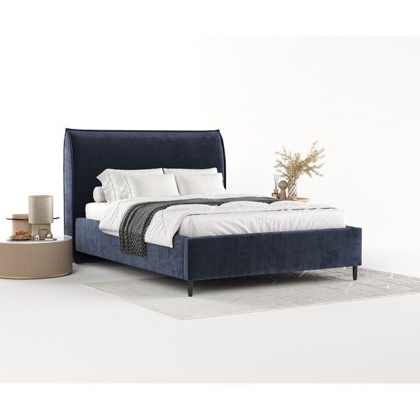 Tumši zila polsterēta divvietīga gulta ar veļas kasti un redelēm 140x200 cm Shell – Maison de Rêve-image-2