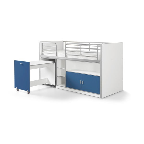 Balta un zila divstāvu gulta ar izvelkamu galdu un uzglabāšanas vietu Vipack Bonny, 200 x 90 cm