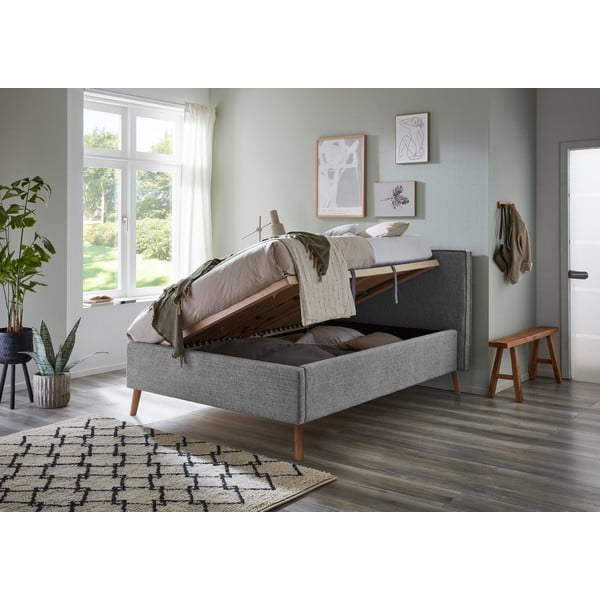 Gaiši pelēka polsterēta divvietīga gulta ar veļas kasti ar redelēm 140x200 cm Riva – Meise Möbel-image-3