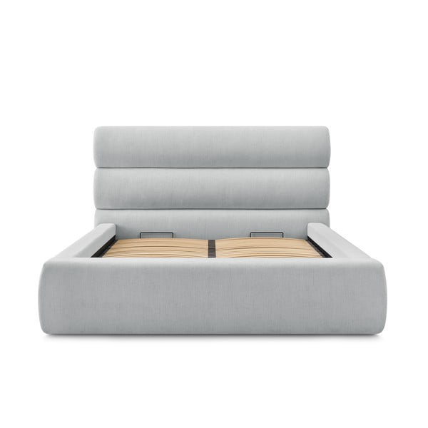 Gaiši pelēka polsterēta divvietīga gulta ar veļas kasti un režģi 180x200 cm Jagna – Bobochic Paris-image-3