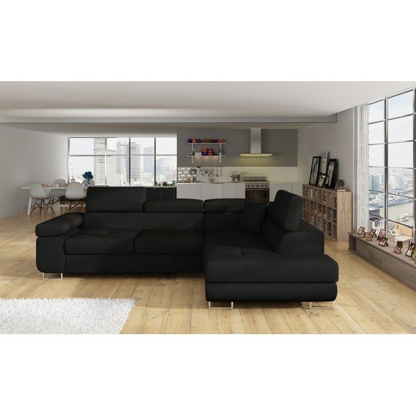 Melns salokāms/ar uzglabāšanas vietu stūra dīvāns (ar labo stūri/L veida) Anton – ELTAP-image-1