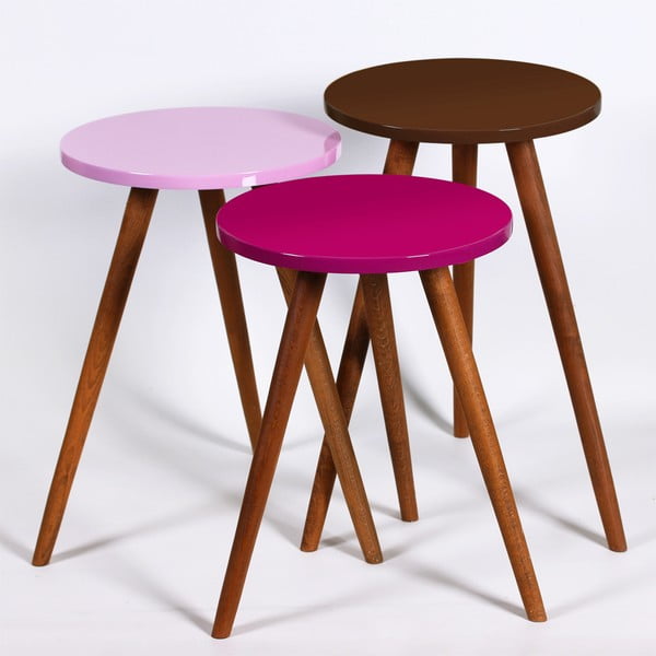 3 Kate Louise apaļo sānu galdiņu komplekts (violets, rozā, brūns)