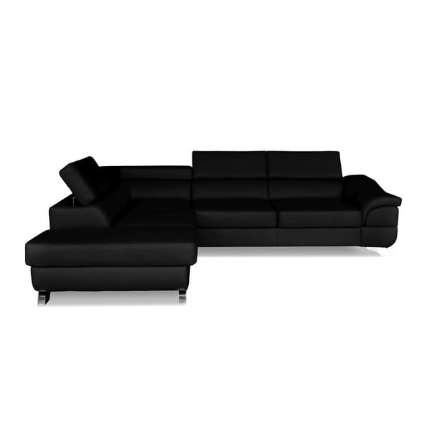 Melna ādas stūra dīvāns-guļamā gulta Windsor & Co. Dīvāni Omnikron, kreisais stūris