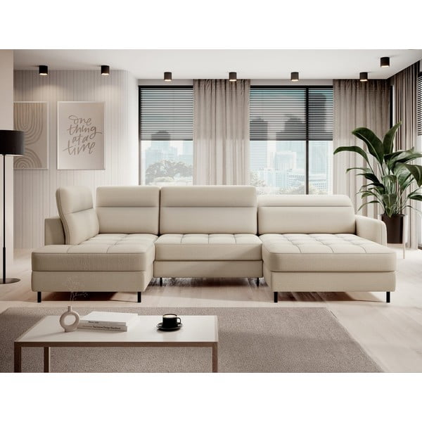 Bēšs samta salokāms/ar uzglabāšanas vietu stūra dīvāns (ar kreiso stūri/U veida) Berrto – ELTAP-image-1