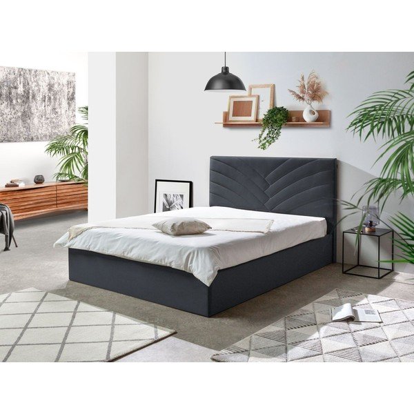 Tumši pelēka mīksta divguļamā gulta ar glabāšanas vietu un režģi 160x200 cm Palmyre – Bobochic Paris-image-1