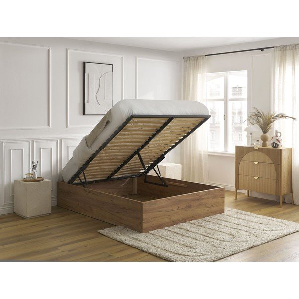 Brūna divvietīga gulta no skaidu plāksnēm ar bērza koka imitāciju ar veļas kasti/bez galvgaļa ar redelēm 140x190 cm Mara – Bobochic Paris-image-3
