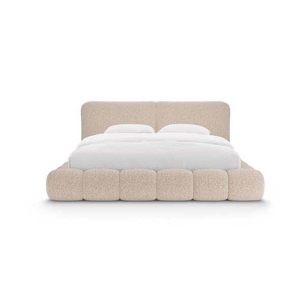 Pelēkbēša polsterēta divvietīga gulta ar veļas kasti un redelēm 200x200 cm Solange – Micadoni -image-4