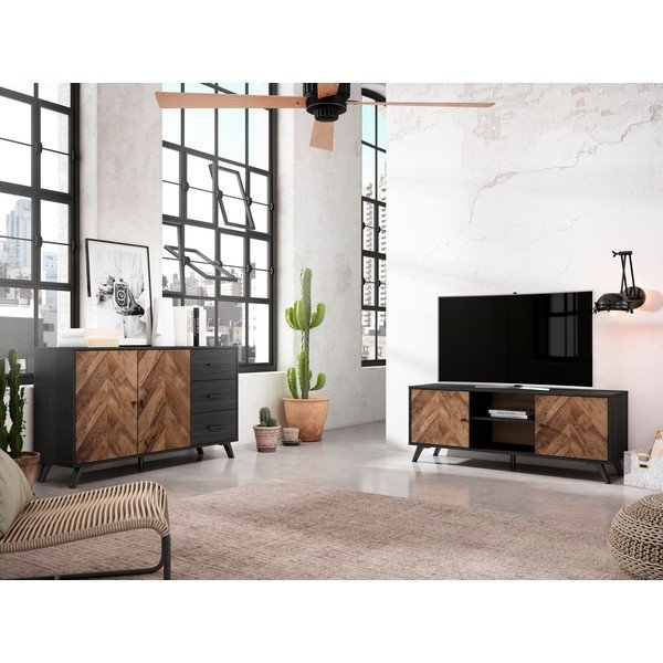 Melns riekstkoka imitācijas TV galdiņš 136x53 cm Chevrons – Marckeric-image-1
