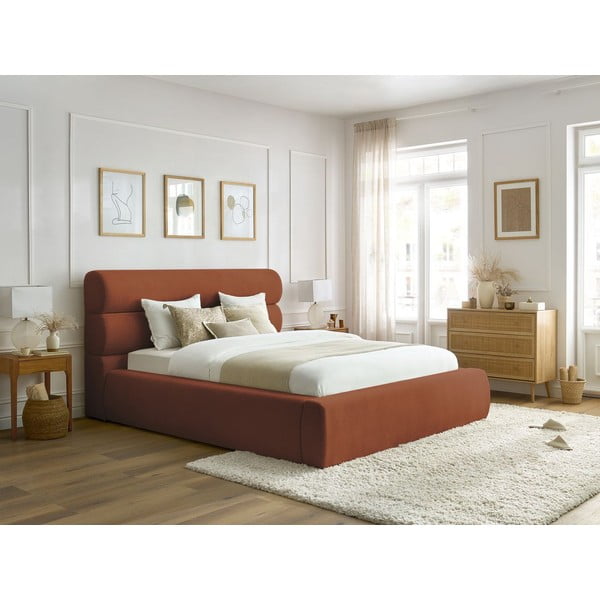 Oranža polsterēta divvietīga gulta ar veļas kasti un režģi 160x200 cm Jagna – Bobochic Paris-image-1