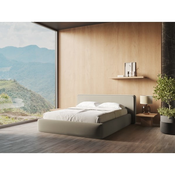 Bēša polsterēta divvietīga gulta ar veļas kasti un redelēm 160x200 cm Kiana – Makamii-image-1