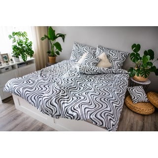 Melnbalta kokvilnas satīna gultasveļa ar 2 spilvenu pārvalkiem Cotton House Waves, 140 x 200 cm