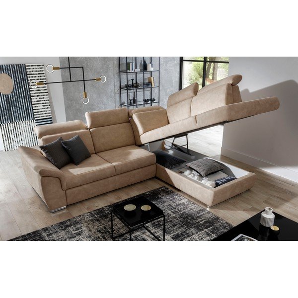 Bēšs samta salokāms/ar uzglabāšanas vietu stūra dīvāns (ar labo stūri/L veida) Loreto – ELTAP-image-3