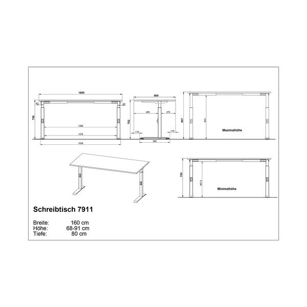 Regulējams darba galds ar ozolkoka imitācijas galda virsmu 80x160 cm Downey – Germania-image-3