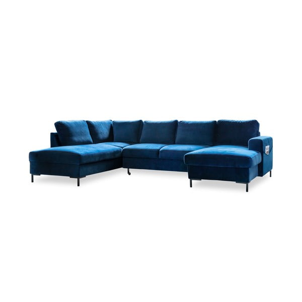 Tumši zils samta U-veida izlaižams dīvāns Miuform Lofty Lilly, kreisais stūris