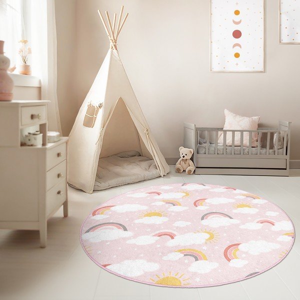 Rozā mazgājams bērnu paklājs ø100 cm Rainbow World – Mila Home-image-4
