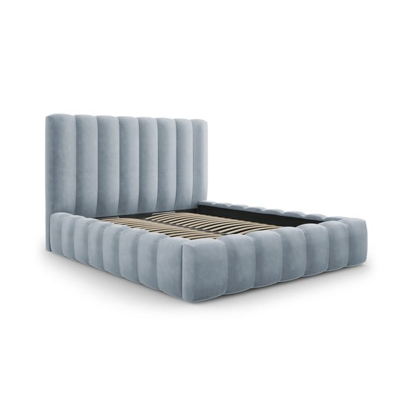 Gaiši zila mīksta divvietīga gulta ar uzglabāšanas vietu un režģi 160x200 cm Kelp – Micadoni Home